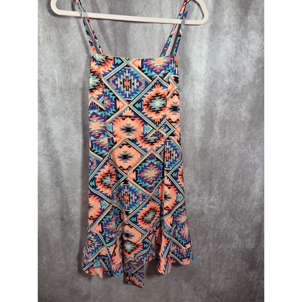 Peace Love Cake Aztec Print Mini Dress‎ Coral Blue Open Back Tie Ruffle Small